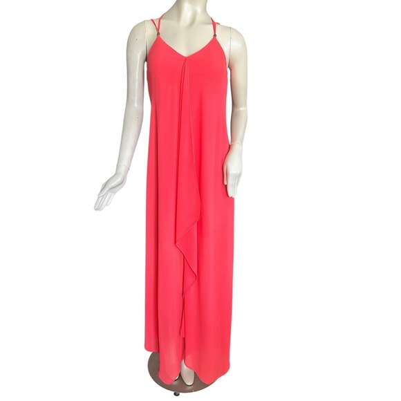 BCX Chiffon Strappy Coral Maxi Dress Size Medium V Neck Sleeveless Ruffle Flowy - Picture 1 of 10